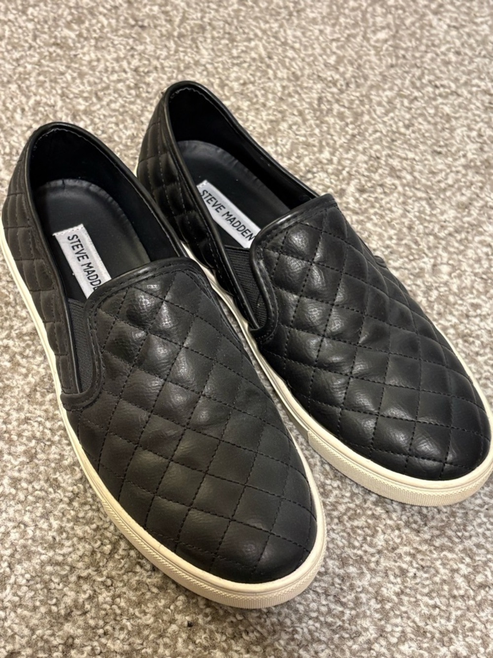 Steve Madden Black Quilted Slip-On Loafers with White Sole